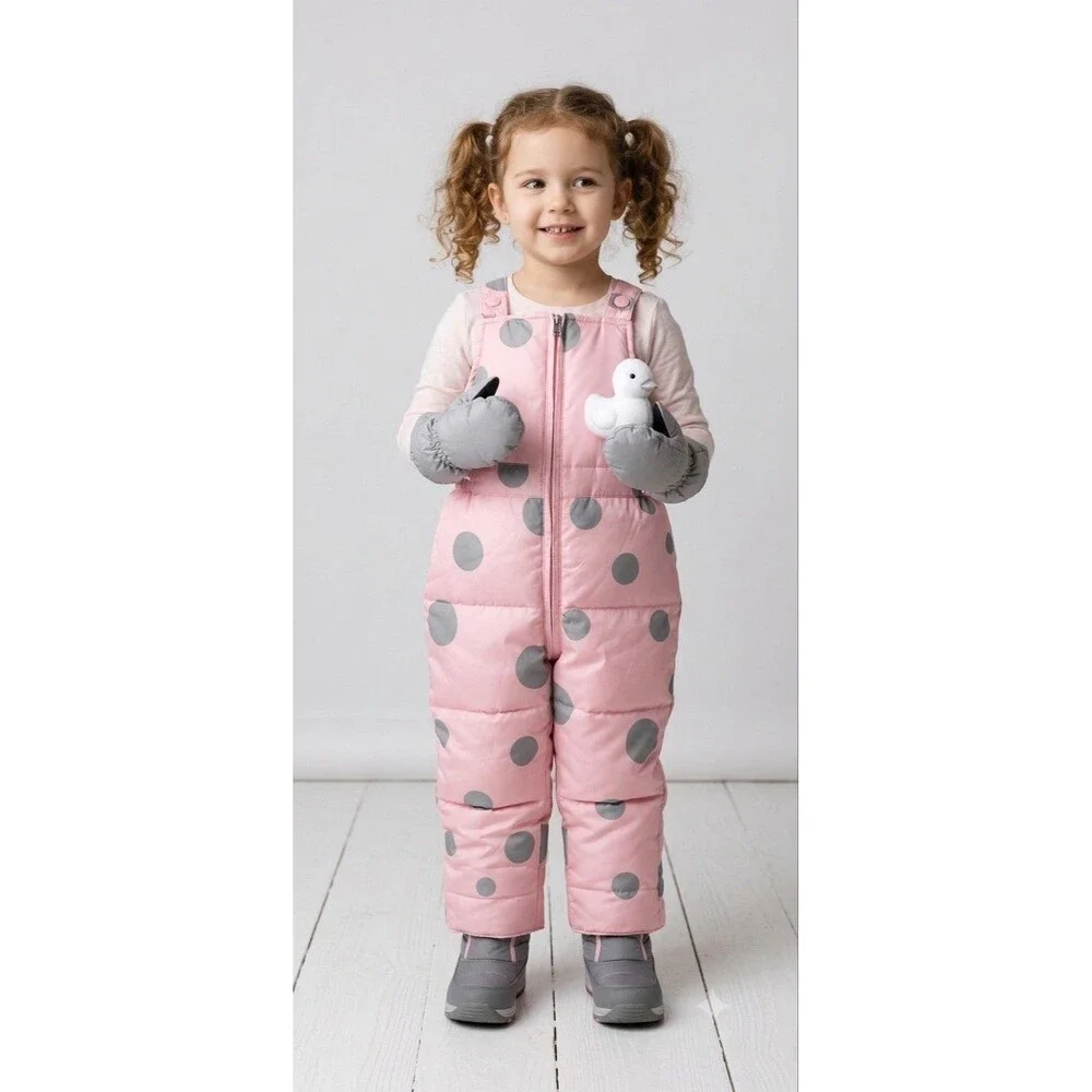 NWToddler Girls Down Snow Bib Pants Pink Polka Dot Snowsuit Ski Overalls Sz 3/4T